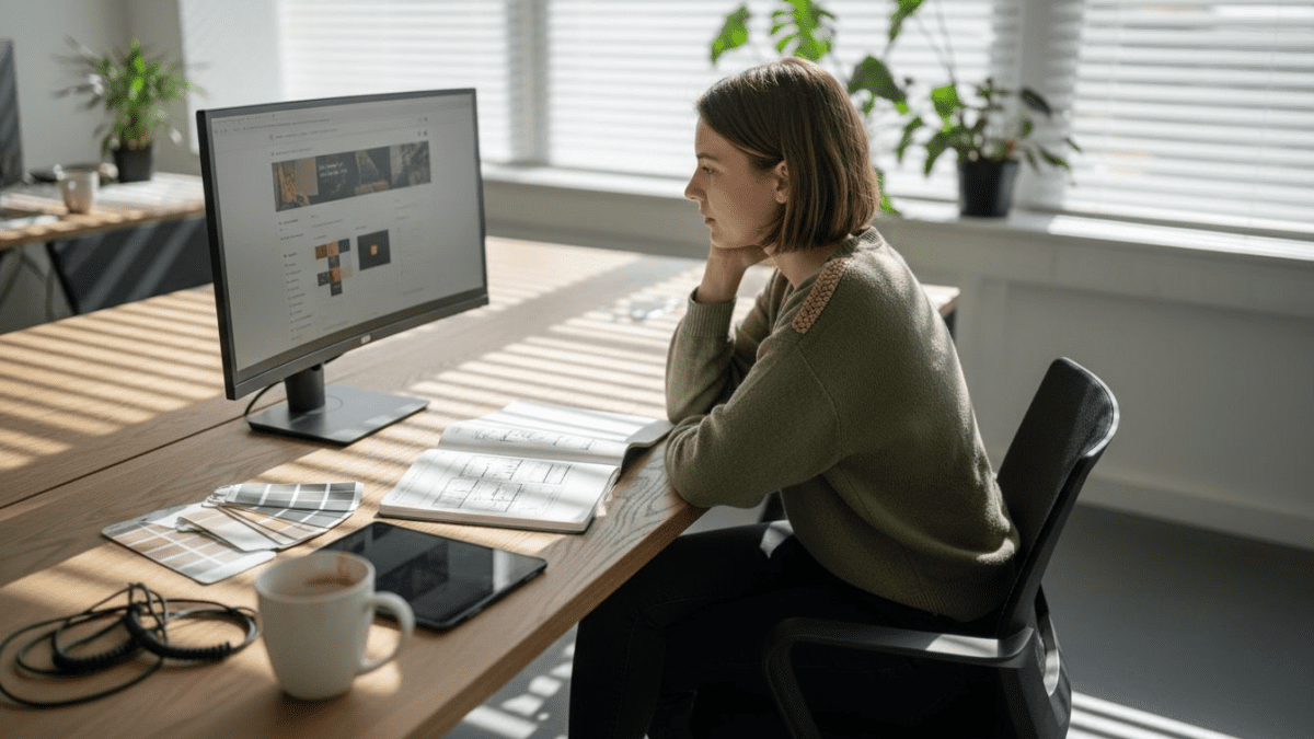 Web designer reviewing website at bright desk