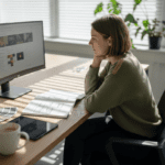 Web designer reviewing website at bright desk