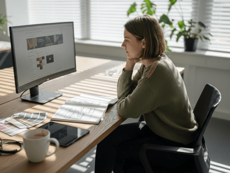 Web designer reviewing website at bright desk