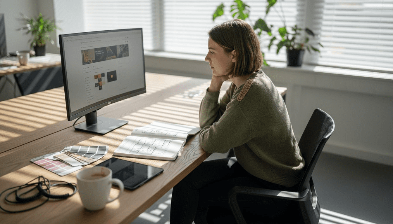 Web designer reviewing website at bright desk
