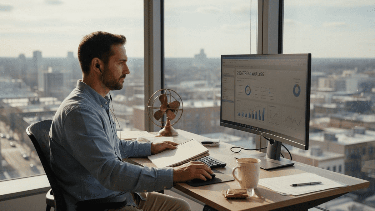 Marketer checking 2026 digital tools in city office