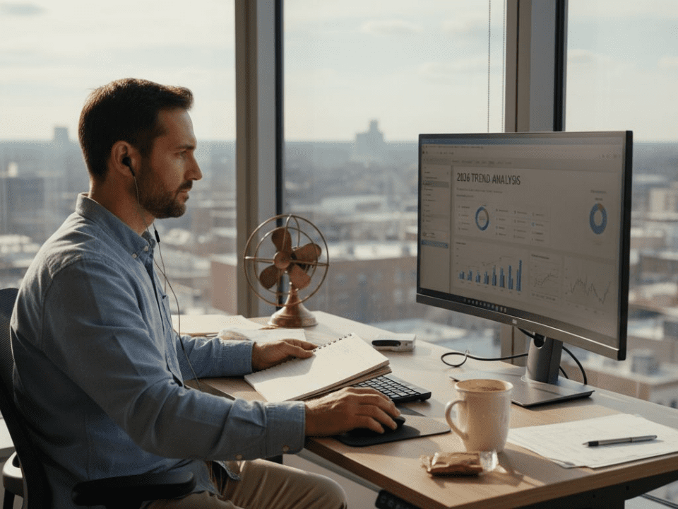 Marketer checking 2026 digital tools in city office