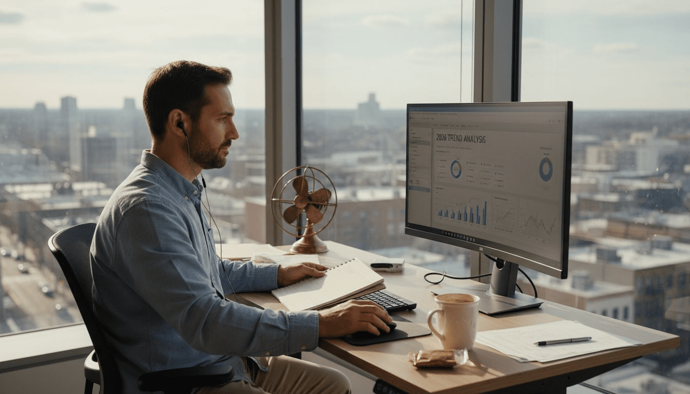 Marketer checking 2026 digital tools in city office