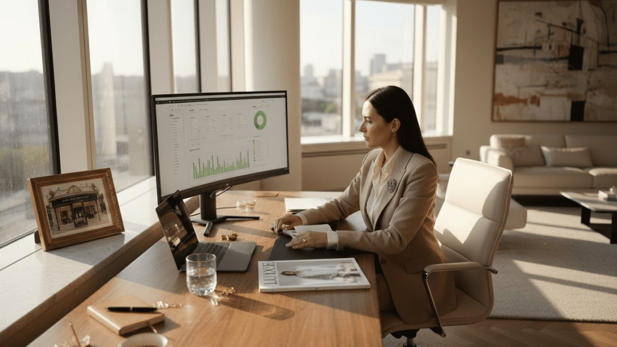Luxury brand manager analyzing online boutique stats