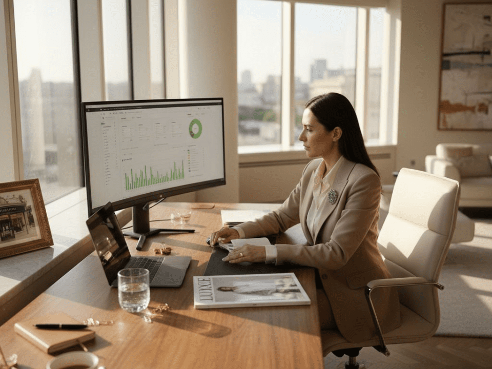 Luxury brand manager analyzing online boutique stats