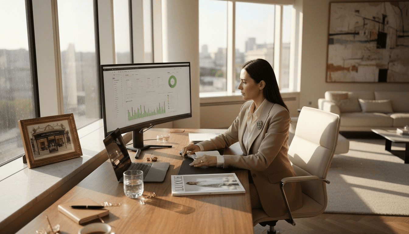Luxury brand manager analyzing online boutique stats
