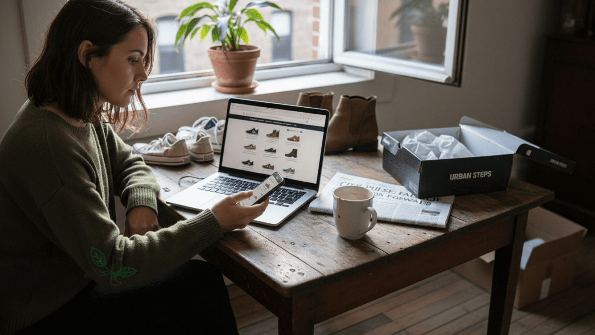 Woman shopping e-commerce on laptop and phone