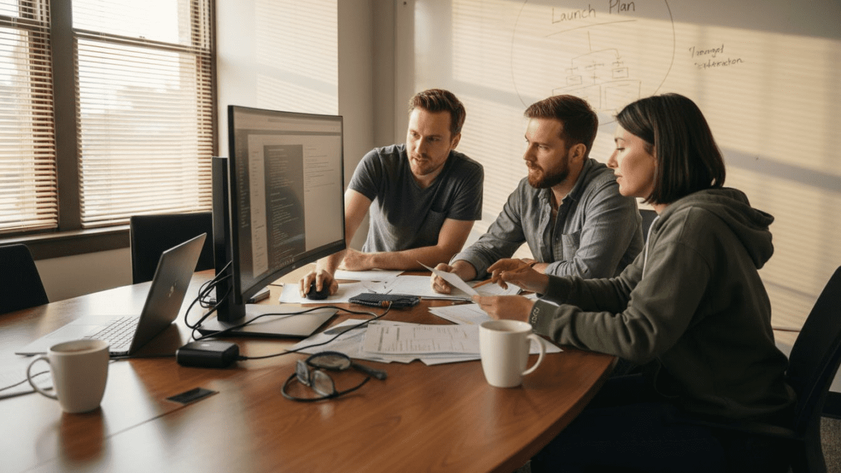 Web developer team working together in office