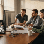 Web developer team working together in office