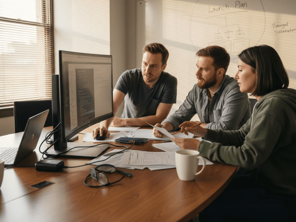 Web developer team working together in office