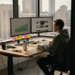 Web designer reviews conversion metrics in office