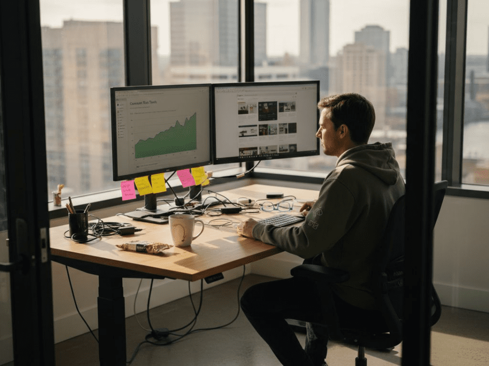 Web designer reviews conversion metrics in office