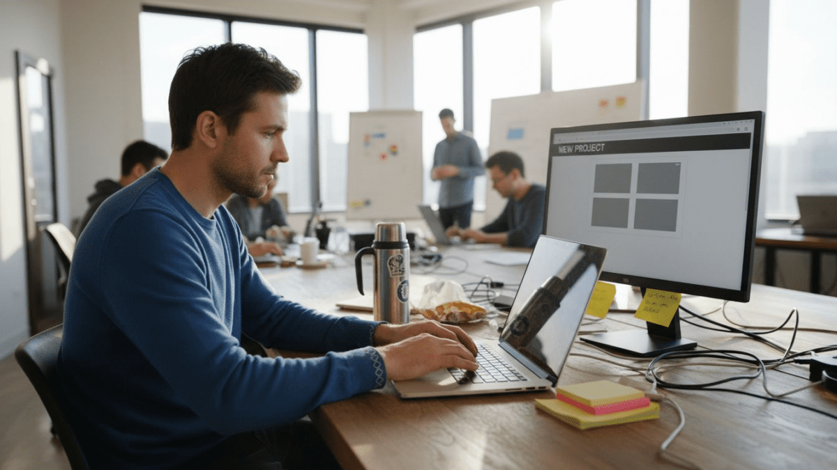 Web developer coding at cluttered office table