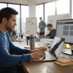Web developer coding at cluttered office table