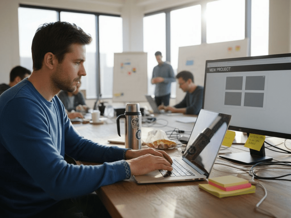 Web developer coding at cluttered office table