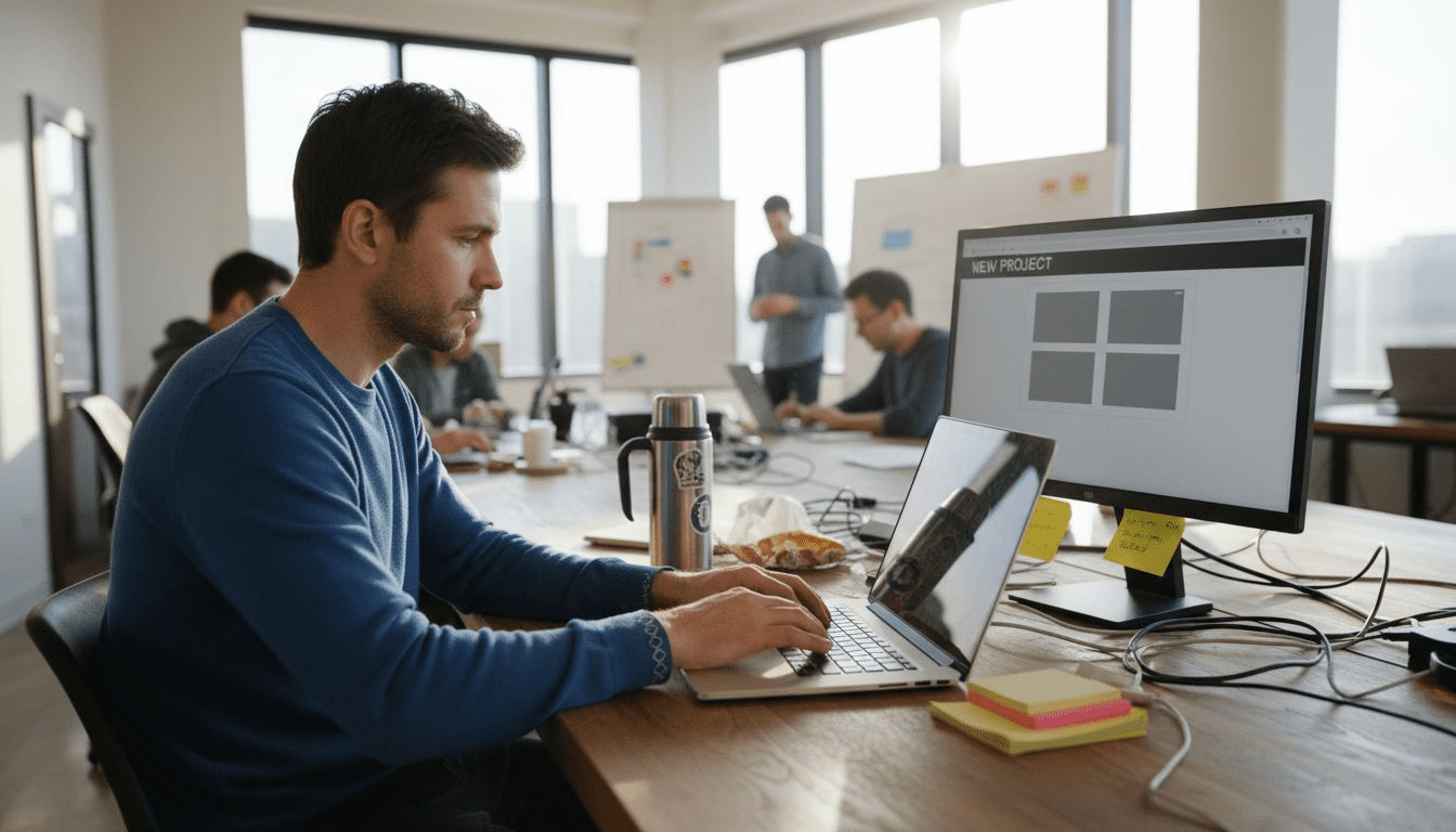 1771336076421_image Web developer coding at cluttered office table