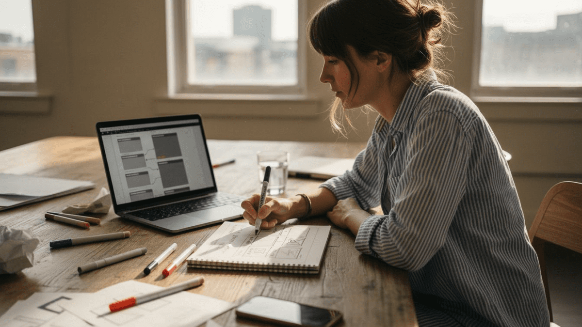 Woman sketching website plan at coworking desk