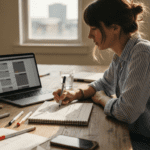 Woman sketching website plan at coworking desk