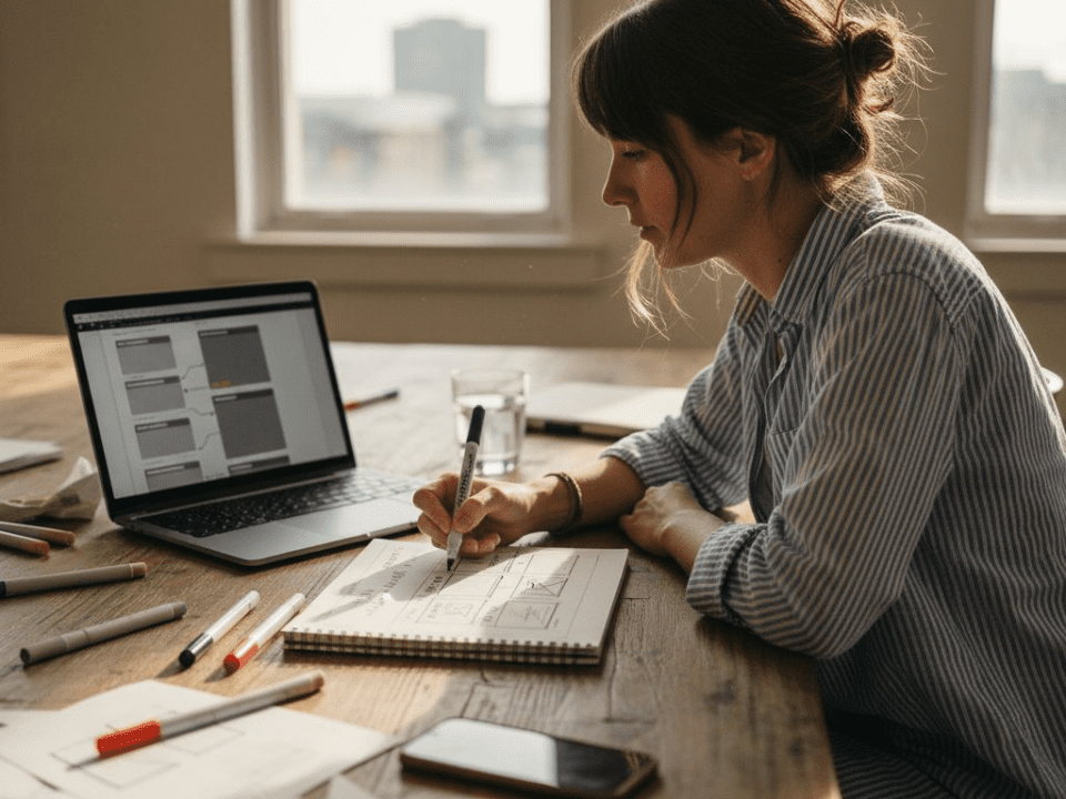 Woman sketching website plan at coworking desk