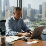 Marketing manager optimizing website at office desk