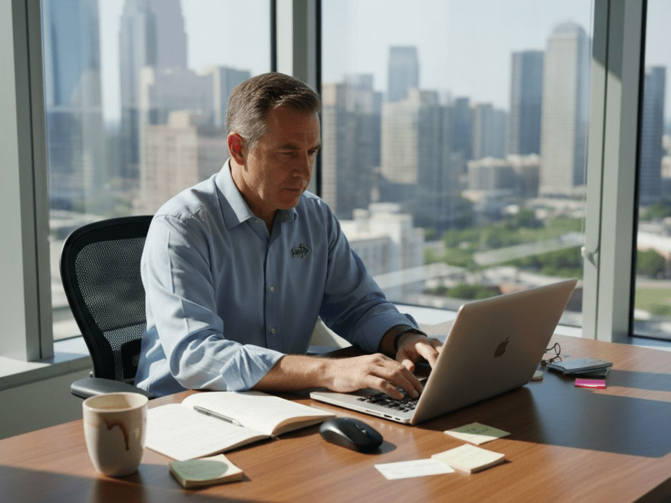 Marketing manager optimizing website at office desk