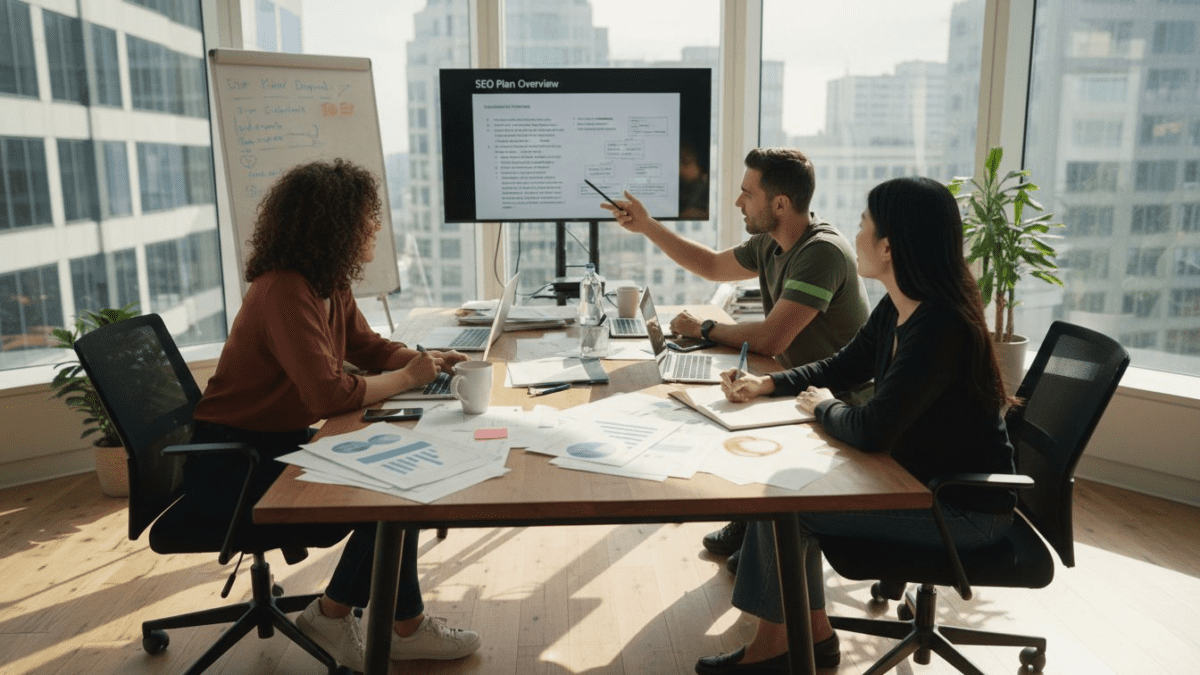SEO marketing team collaborating in office