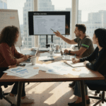 SEO marketing team collaborating in office