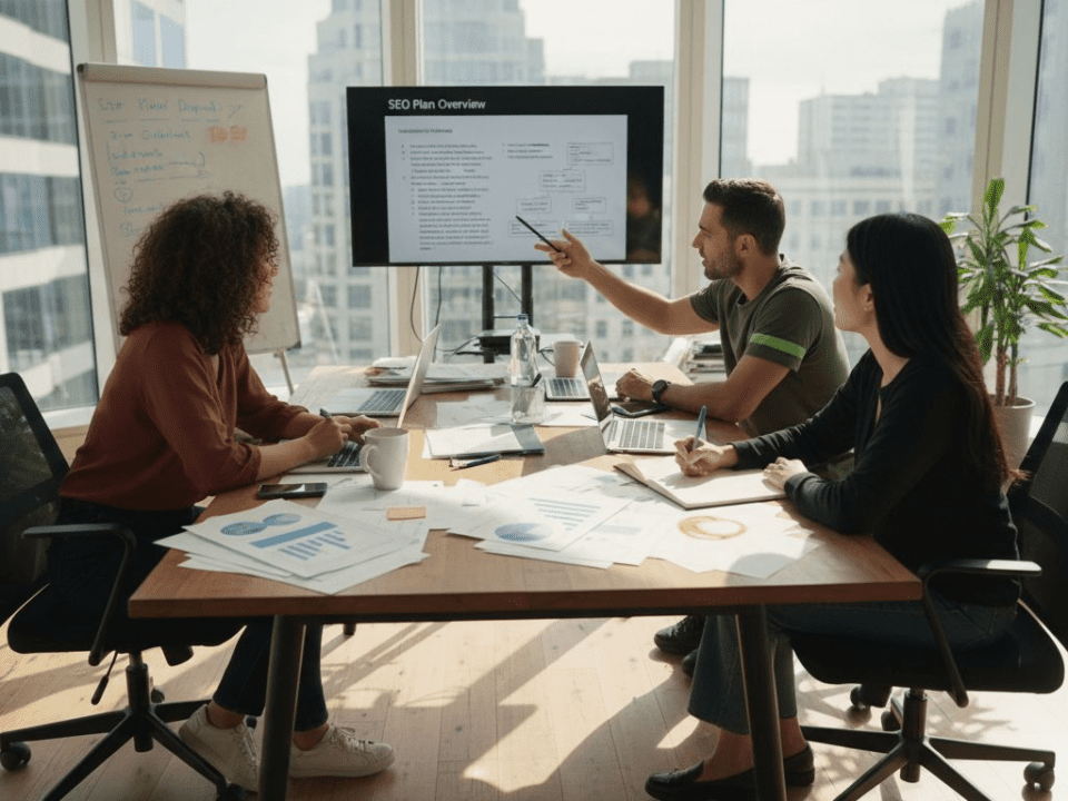 SEO marketing team collaborating in office