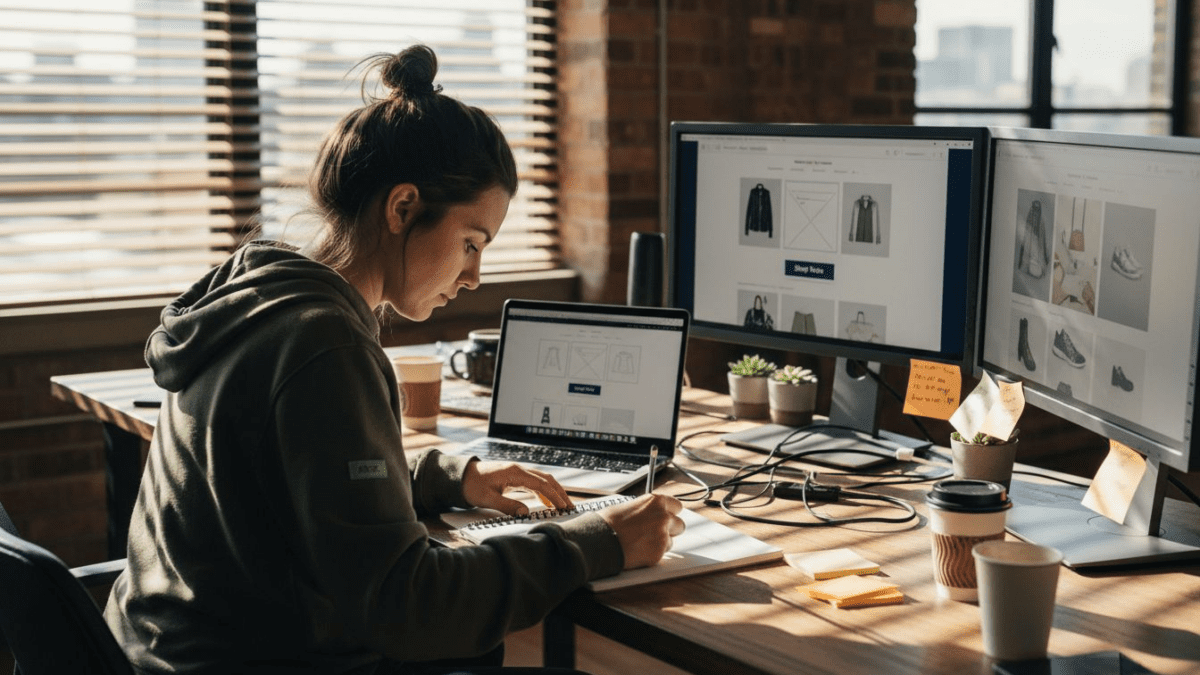 Web designer sketching ecommerce wireframe at desk
