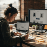 Web designer sketching ecommerce wireframe at desk