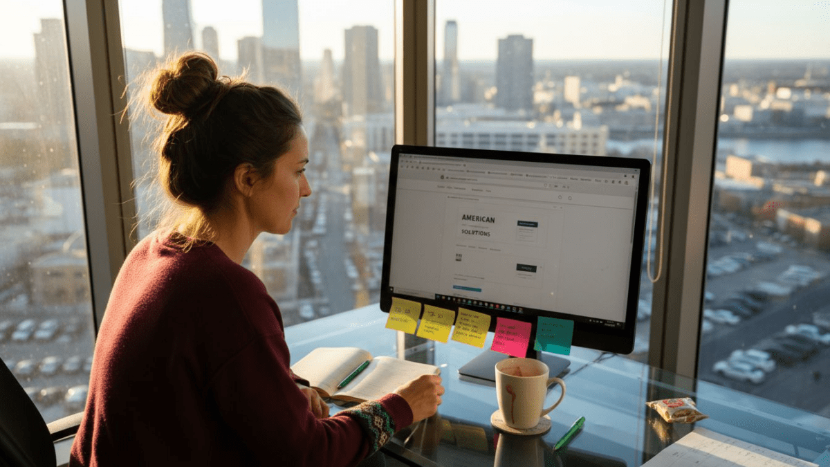 Web designer reviewing site in sunlit city office