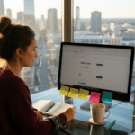 Web designer reviewing site in sunlit city office