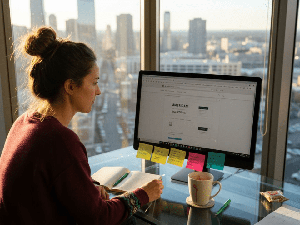 Web designer reviewing site in sunlit city office