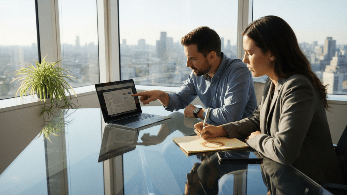 Team reviewing website design on laptop in office