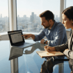 Team reviewing website design on laptop in office