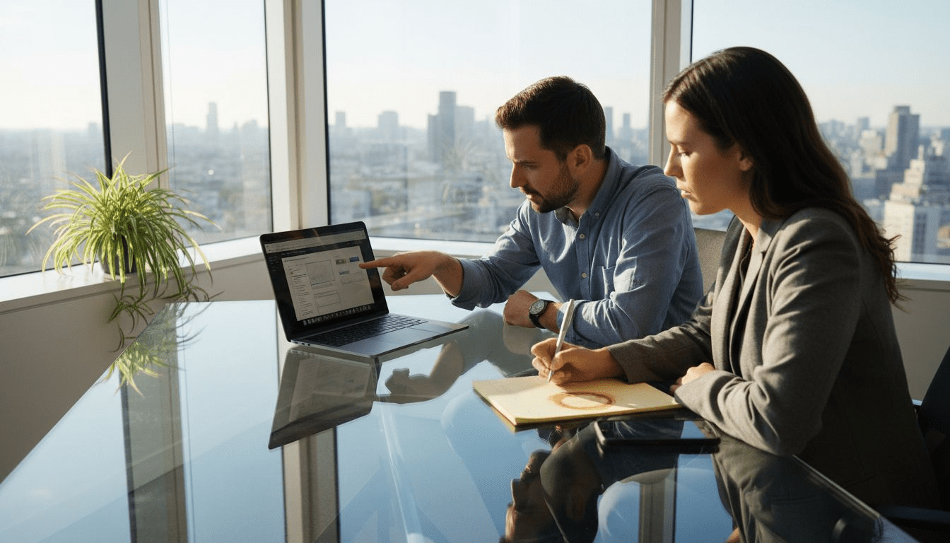 Team reviewing website design on laptop in office