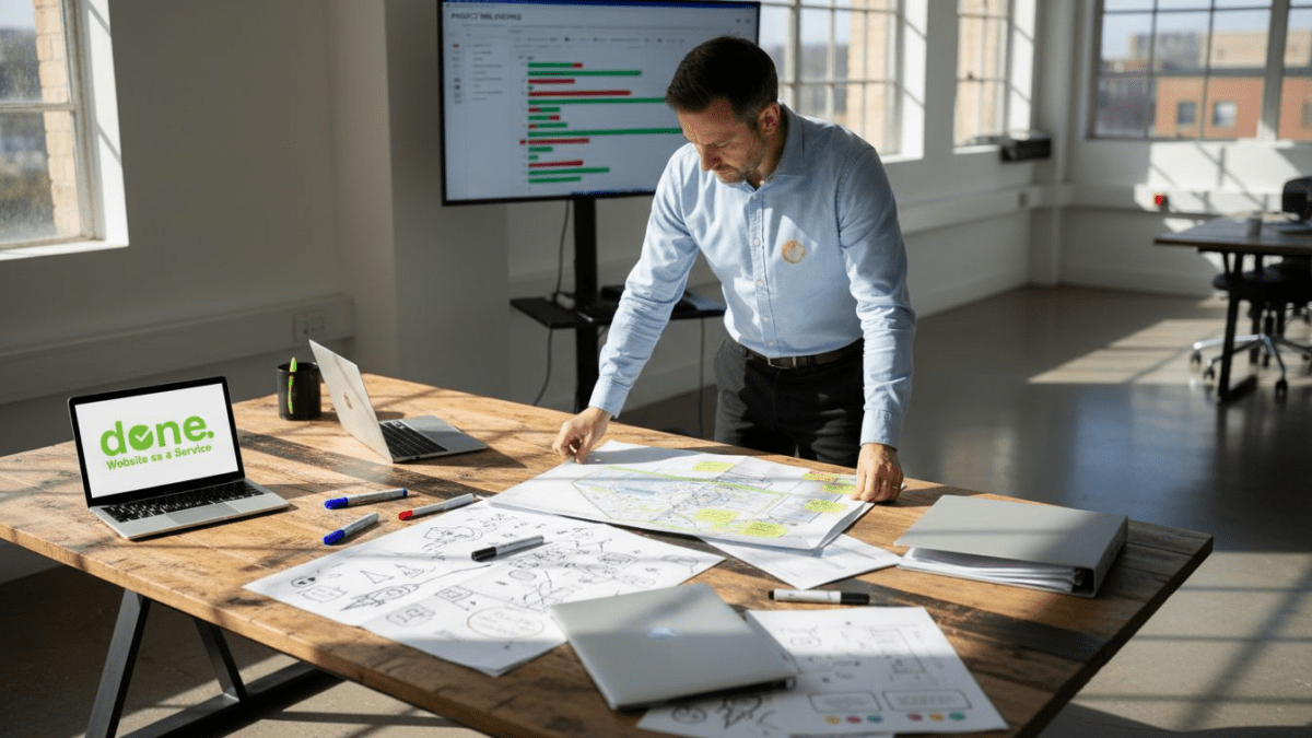 Project manager reviewing website planning documents