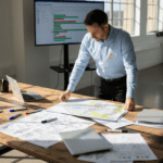 Project manager reviewing website planning documents