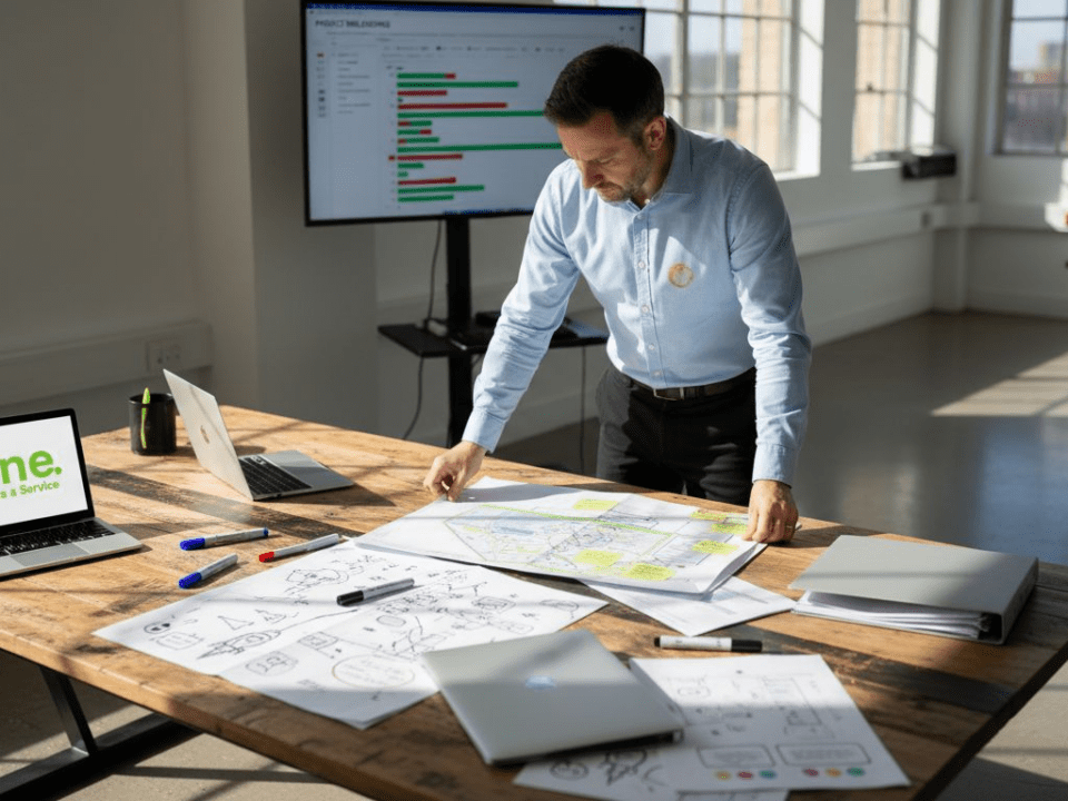 Project manager reviewing website planning documents