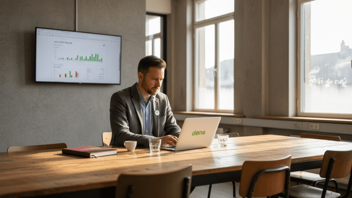 Entrepreneur reviews digital marketing on laptop