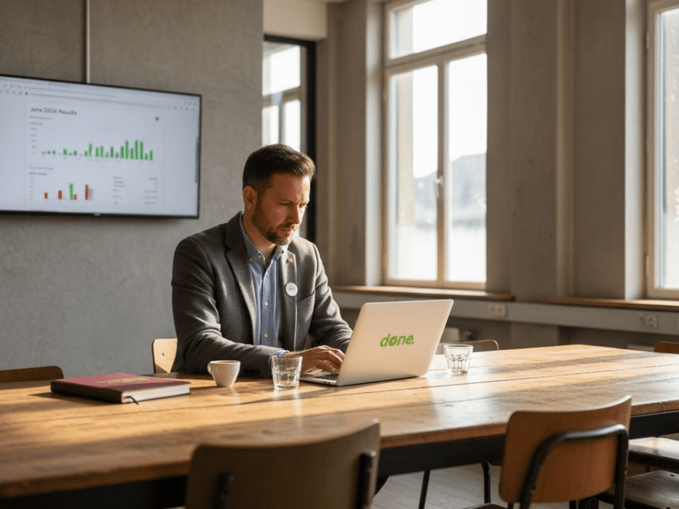 Entrepreneur reviews digital marketing on laptop