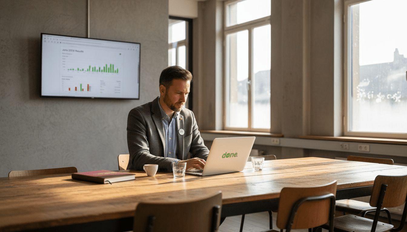 Entrepreneur reviews digital marketing on laptop