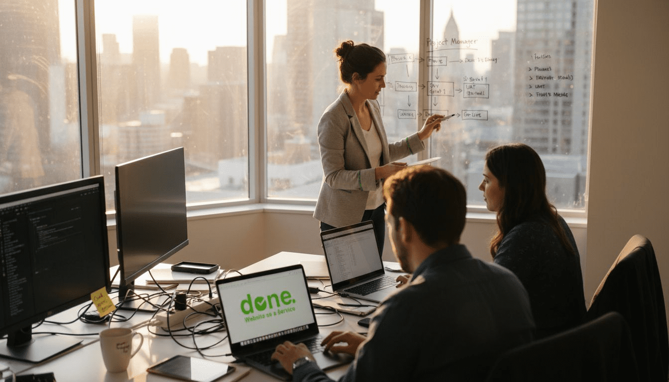 Project manager presenting with web team