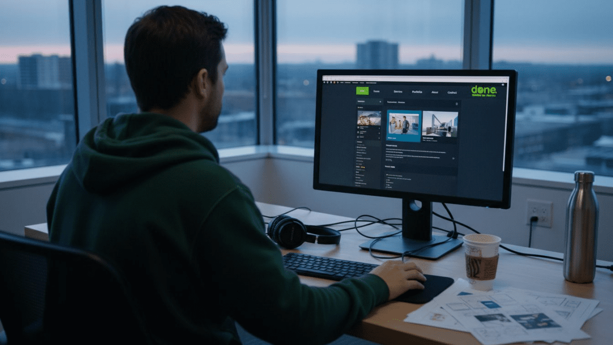 Web designer reviewing dark mode website layout