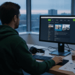 Web designer reviewing dark mode website layout