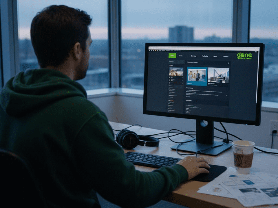 Web designer reviewing dark mode website layout