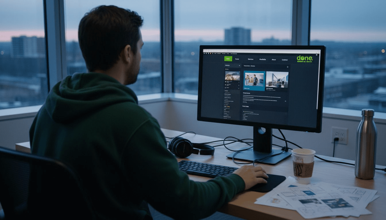 Web designer reviewing dark mode website layout