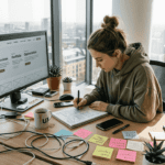 Web designer sketching wireframes at sunny desk