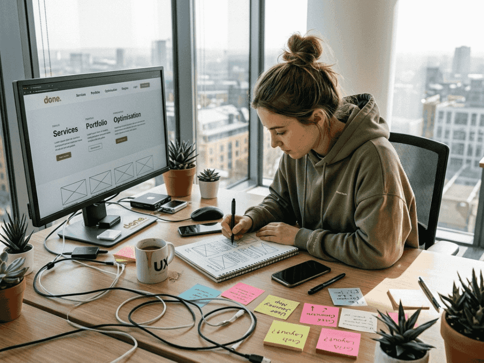 Web designer sketching wireframes at sunny desk