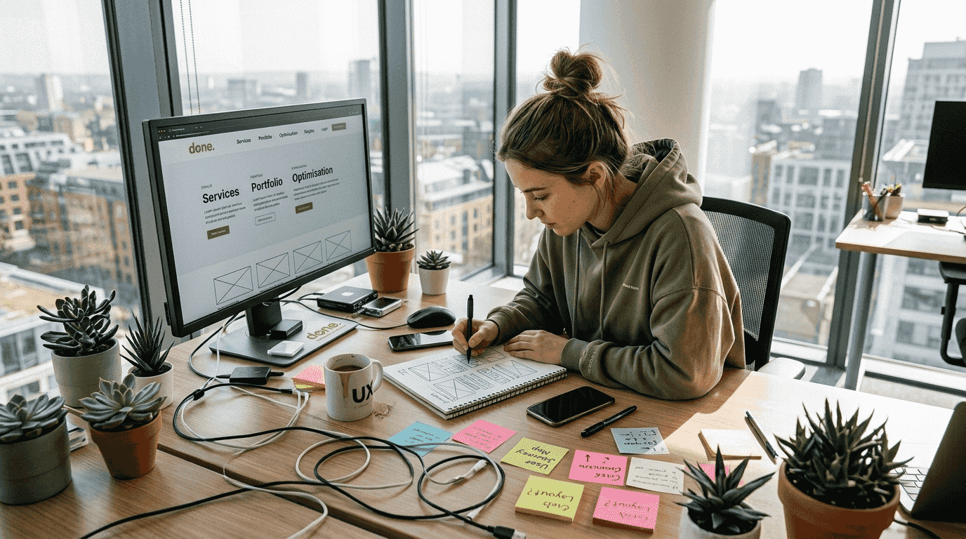 Web designer sketching wireframes at sunny desk